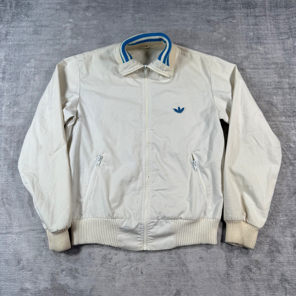 Adidas Jacket Mens Medium Cream Vintage 80s Track Trefoil Logo Made in Canada